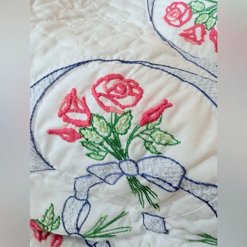 Crib Quilt 44”x29” Floral Embroidered
